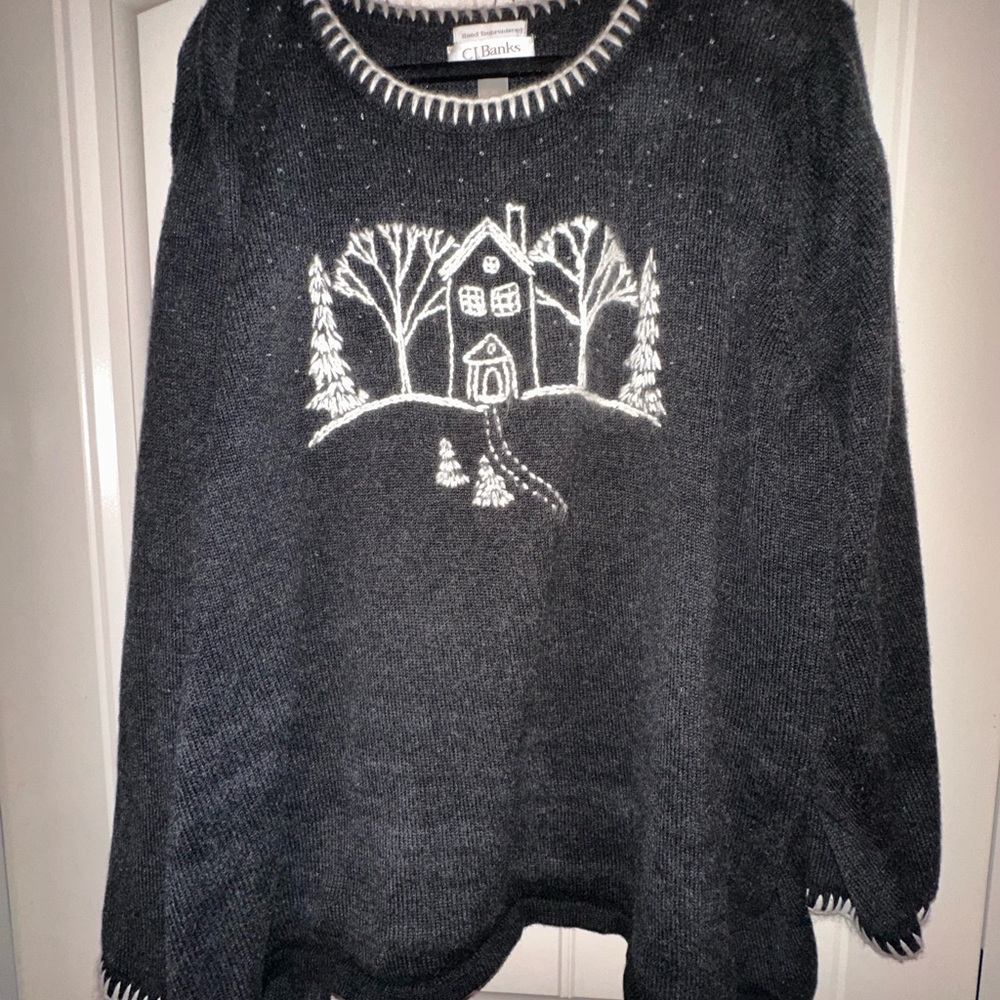 CJ Banks Black Sweater with Winter House Design